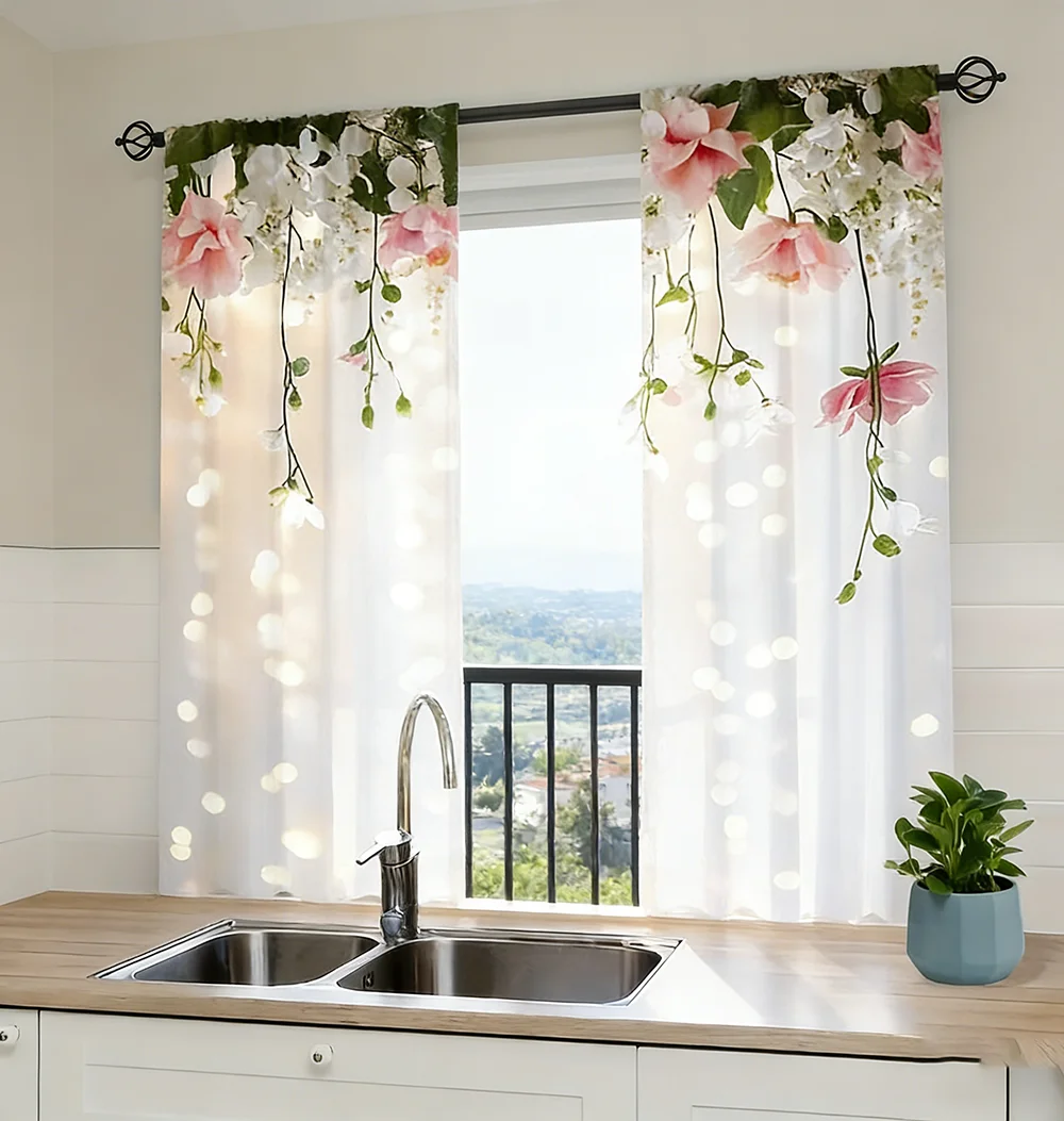 2PCS Digital Printed Curtains, Sparkly Pink Rose Glitter Romantic Floral, Window Drapes for Living Room Bedroom Home Decoration