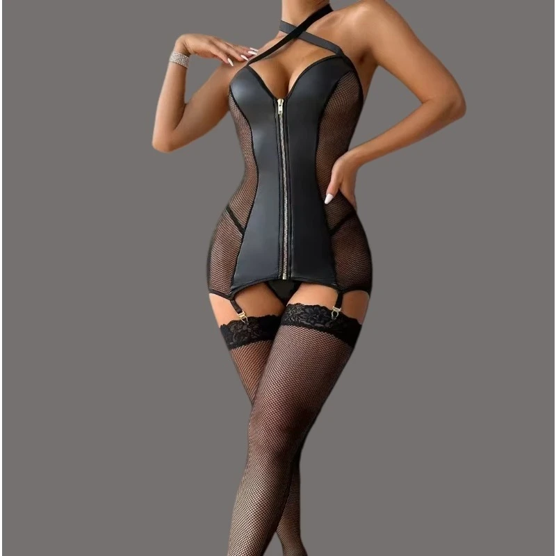 

Hot Hot Lingerie Sexy Zipper Corset Tops with Thongs Women Mesh Leather Nightwear Exotic Set Halter Erotic Pajamas Tight Dress