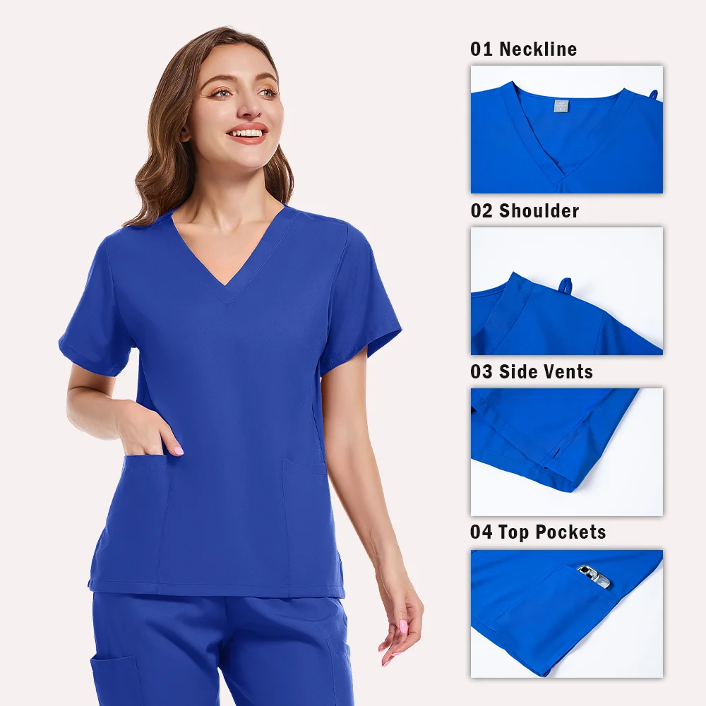 의료 유니폼 여성 작업복 스트레치 스크럽 세트 간호사 스크럽 간호사 액세서리 v 넥 반팔 스트레이트 맨 바지 세트