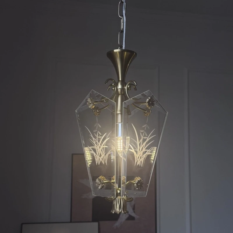 النمط الفرنسي العتيقة النحاس مطلي الزجاج منحوتة مصقول حافة قلادة ضوء للمطعم والإقامة المنزلية الألواح الأمامية الثريا #6