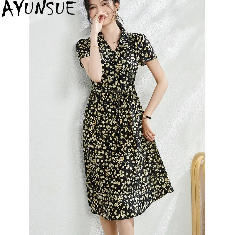 Elegant Dresses For Women 2024 Black Slim Dress Summer 100% Mulberry Silk Clothing Female New Print Women's Clothing Vestidos LM