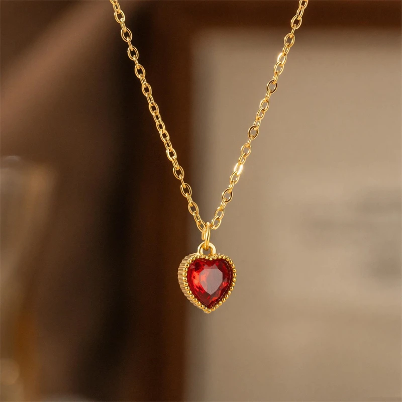 316L Stainless Steel 2026 New Fashion Jewelry Japanese-Style Red Zircon Classic Heart Shape Women Charm Chain Choker Necklaces