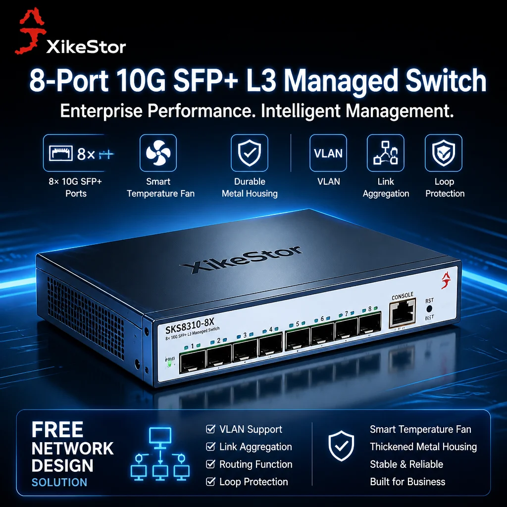 XikeStor 8ポート オール10G SFP+ レイヤー3マネージメントハブ 10ギガビットネットワーク対応 VLAN/リンクアグリゲーション Xiaomi対応
