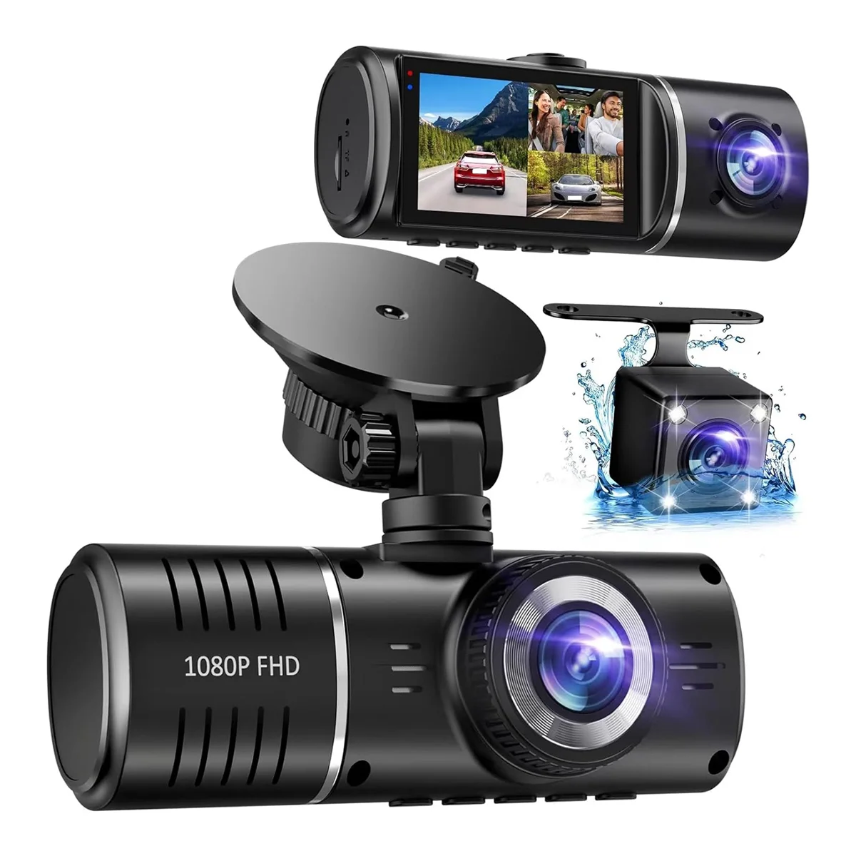 Car Dash Cam,3 Channel Dash Cam,1080P Dash Cam Front and Inside, Triple Dash Cam, G-Sensor, 24Hr Parking, Loop Recording