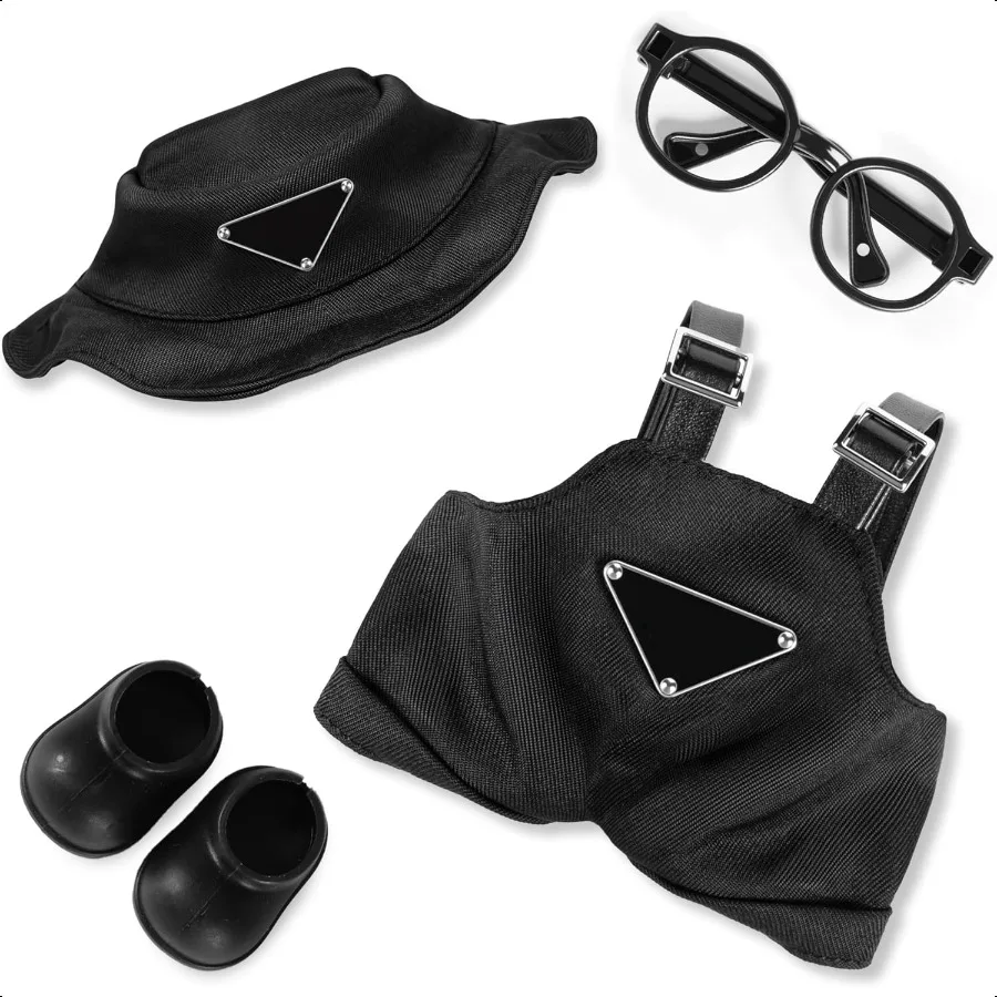 

6.7in 17cm Doll Clothes Set 4 PCS Fashion Outfit Includes Hat Bib Pants Glasses Shoes Cute Collectible Doll Accories Style Bla