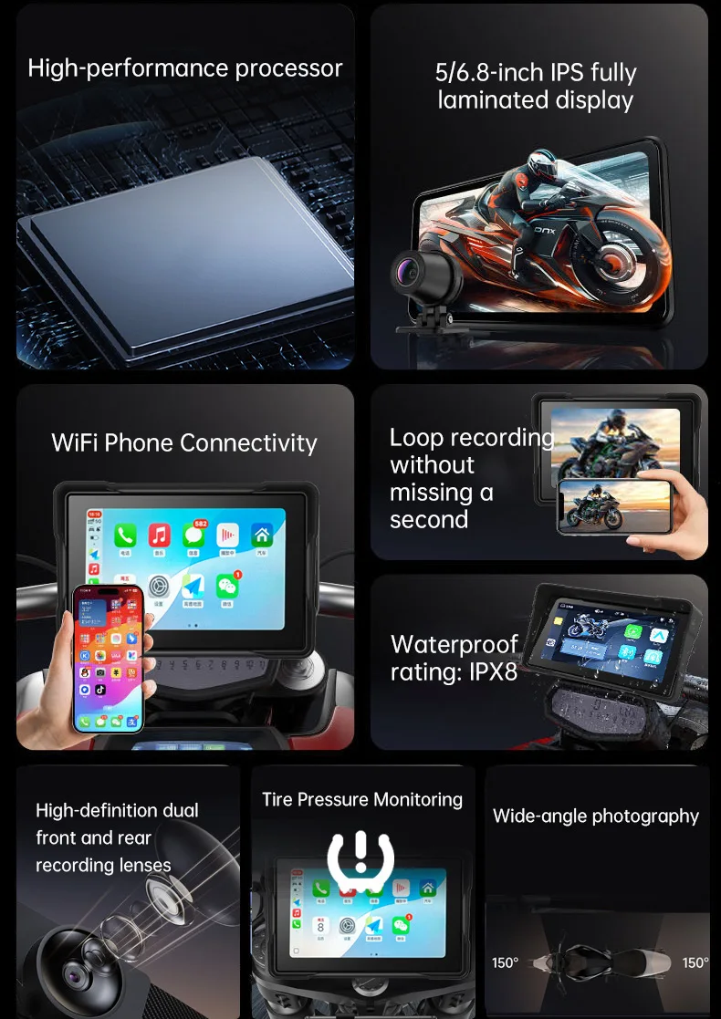 Мотоциклетный дисплей с CarPlay, портативная цифровая приборная панель, навигация для мотоциклов, Android Auto, водонепроницаемый BT-монитор