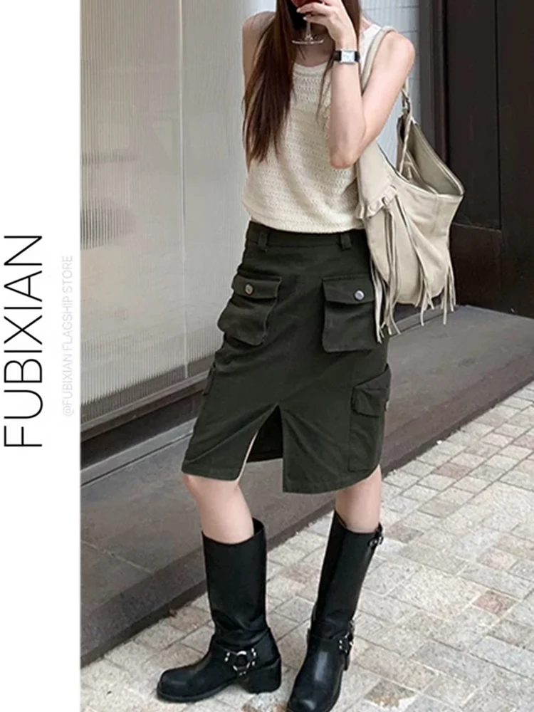 Fashionable Workwear  Skirt for Women Summer Cotton Multi-Pocket Straight Cut Design Sensation Small  Slit Skirt