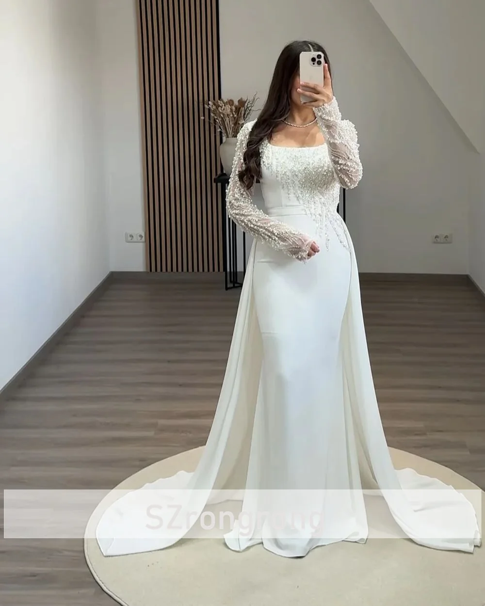 Robe de soirée en Satin à manches longues, col carré rayonnant, personnalisée, avec perles, dos nu, gaine, traîne détachable, robe de bal arabe