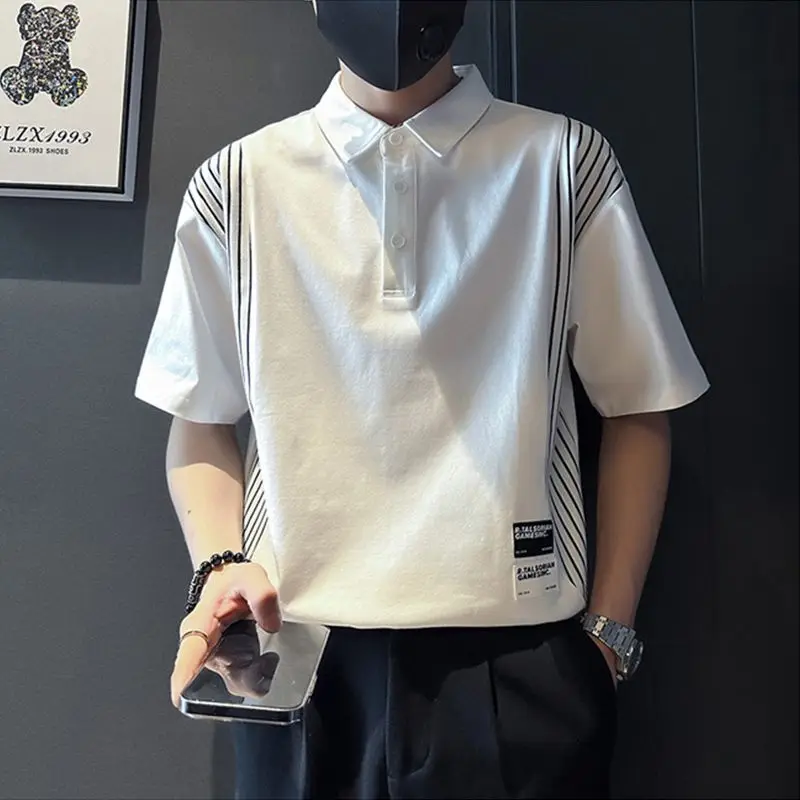 

Black and White Striped Men's Short-sleeved Polo Shirt Men's T-shirt Trendy Brand Handsome Men's Top