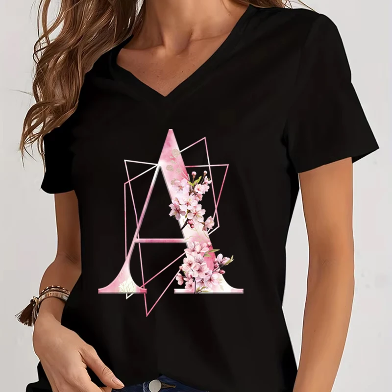 Pink Sakura Alphabet Graphic T Shirts Women A-Z 26 Alphabet Pink Flower Women's V-Neck T-Shirt Letters ABCD Casual Tops Tees