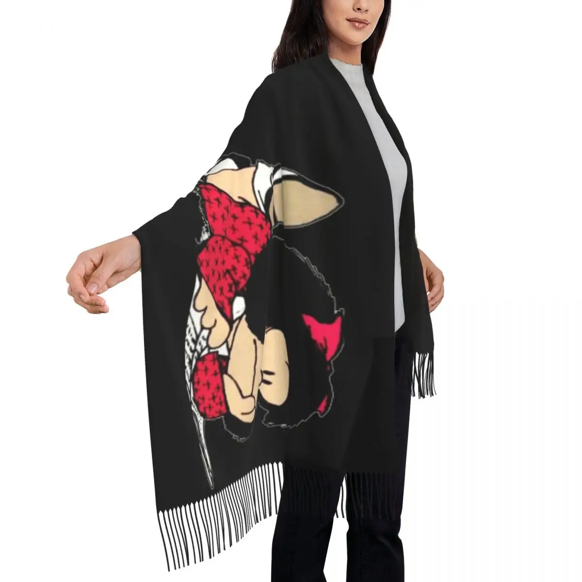 Ladies Long Cute Mafalda Scarves Women Winter Fall Soft Warm Tassel Shawl Wraps Argentine Cartoon Quino Comic Scarf