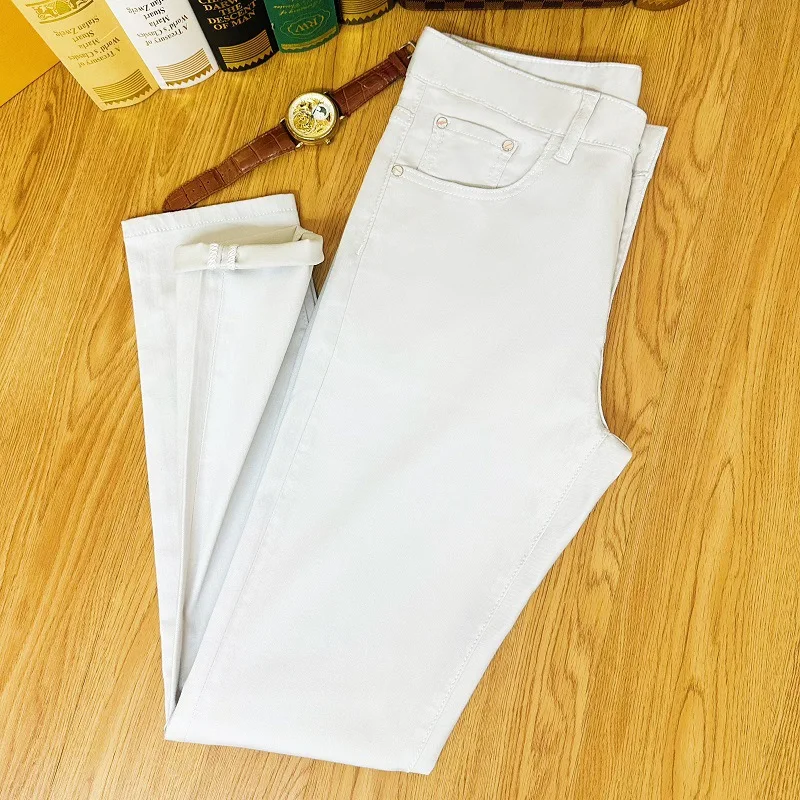 Summer Thin Jeans Men\'s Simple High-End Slim-Fit Stretch Ice Silk Cool Breathable Tapered Light Luxury Casual Trousers