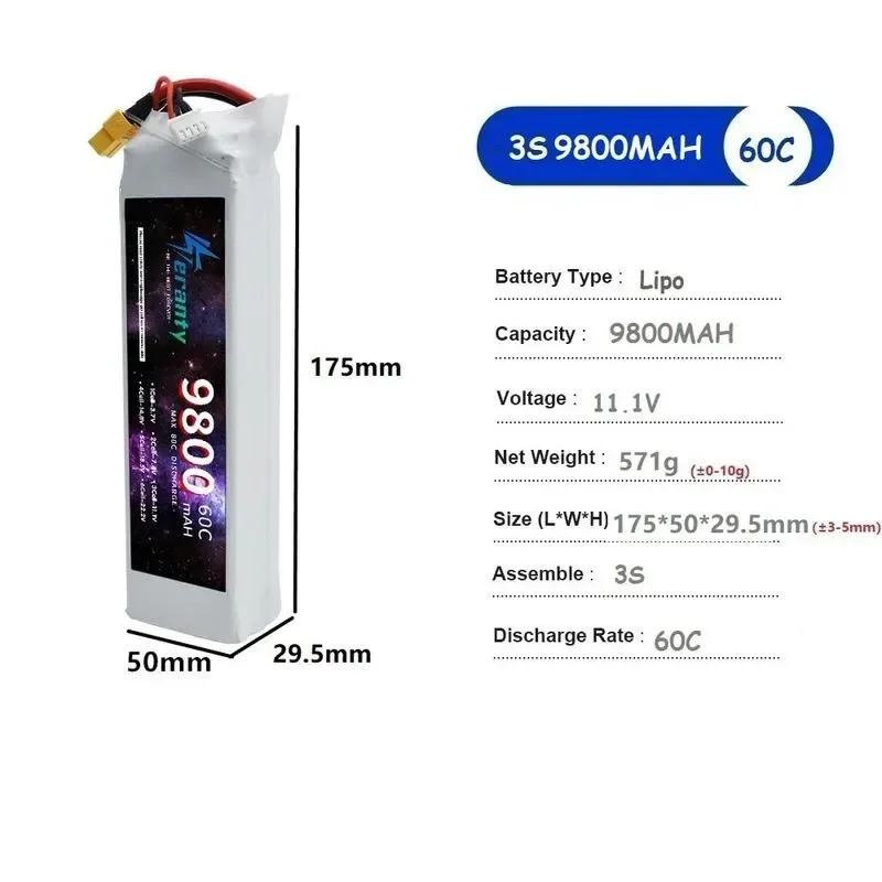 [NEW]  for 9800mAh 11.1V 3S LiPo Battery 60C High Rate Large Capacity for Drone Model Aircraft RC Helicopter Quadcopter