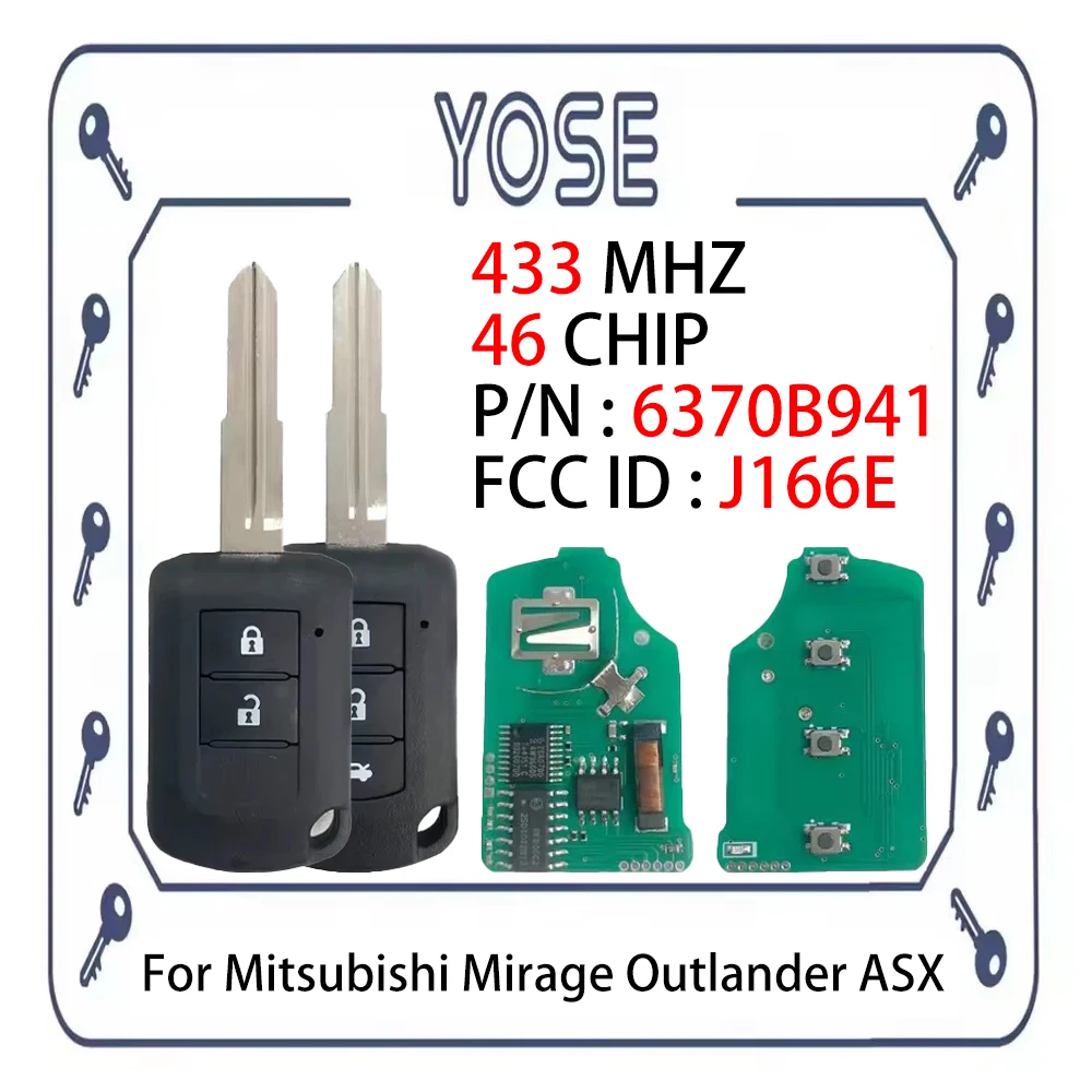 YOSE Remote Fob Car Key FCCID:J166E P/N: 6370B941 2/3 Buttons 433MHz ID46 Chip For Mitsubishi Mirage Outlander ASX 2016-2019