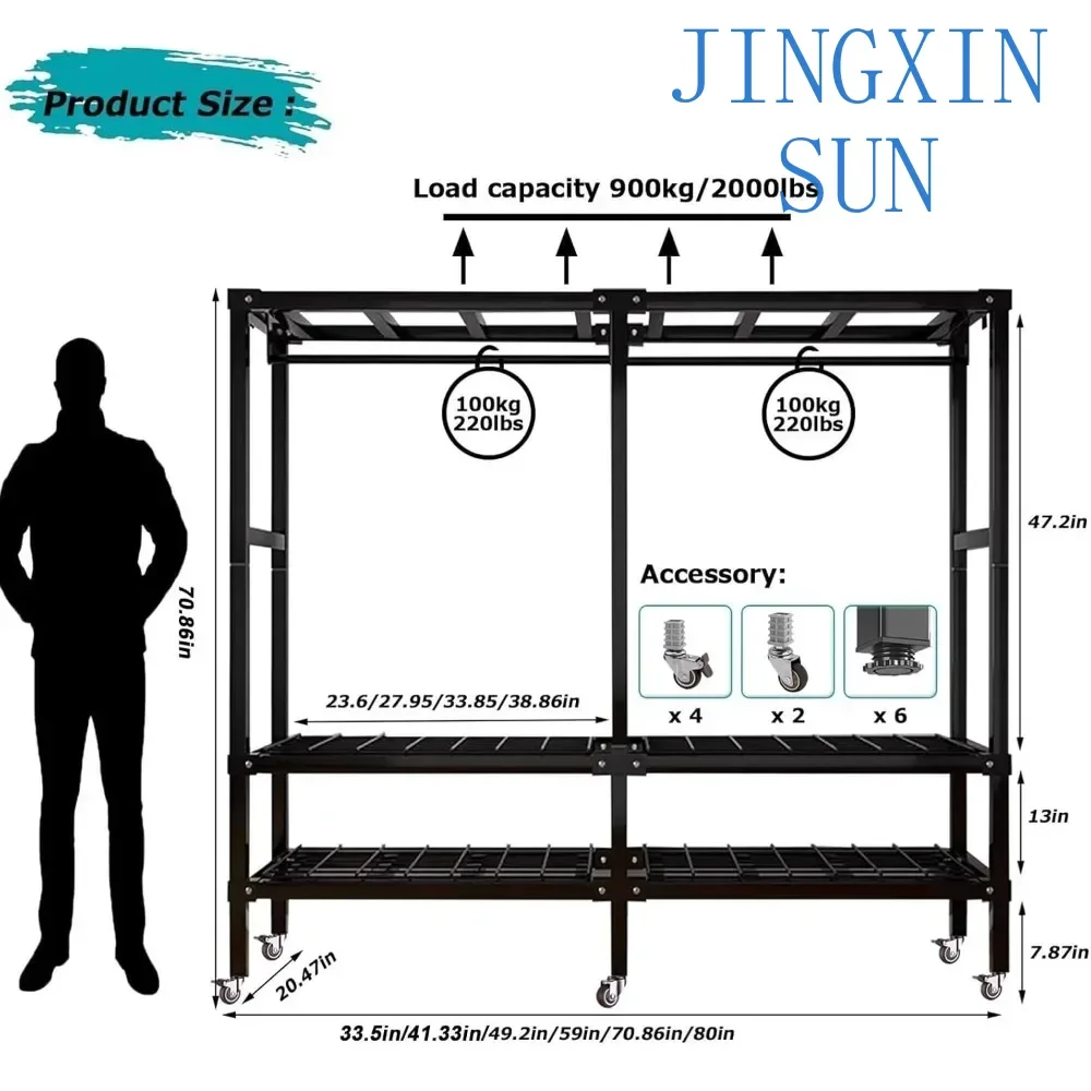 Foldable Wheeled Clothes Rack - Portable Heavy Duty Wardrobe Closet, Load 2000lbs/With Cover Bedroom Armoires Freestanding Cloth