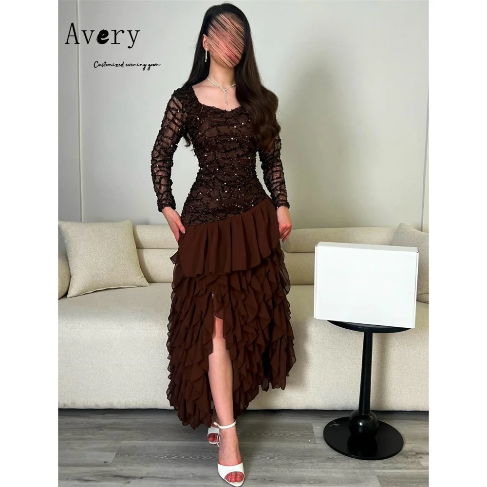 Avery Custom Brown Embroidered Long Sleeve Asymmetric Evening Dresses 2025 Luxury Woman Elegant Evening Dress Ball Gown Dresses