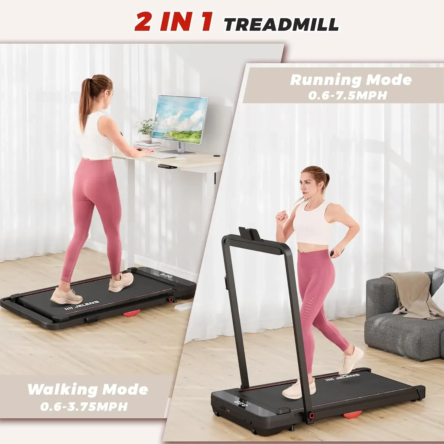 2 in 1 Treadmill, Walking Pad, 2.5HP Folding Treadmill with Remote Control LED Display, Portable Treadmill for Home/Office with