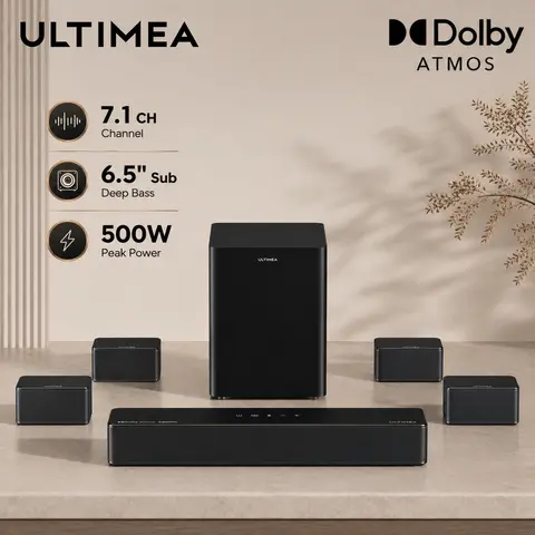 ULTIMEA Poseidon D80 Boom 7.1ch 500W Dolby Atmos Soundbar, Wireless Subwoofer & 4 Surround Speakers, Home Theater TV,APP Control
