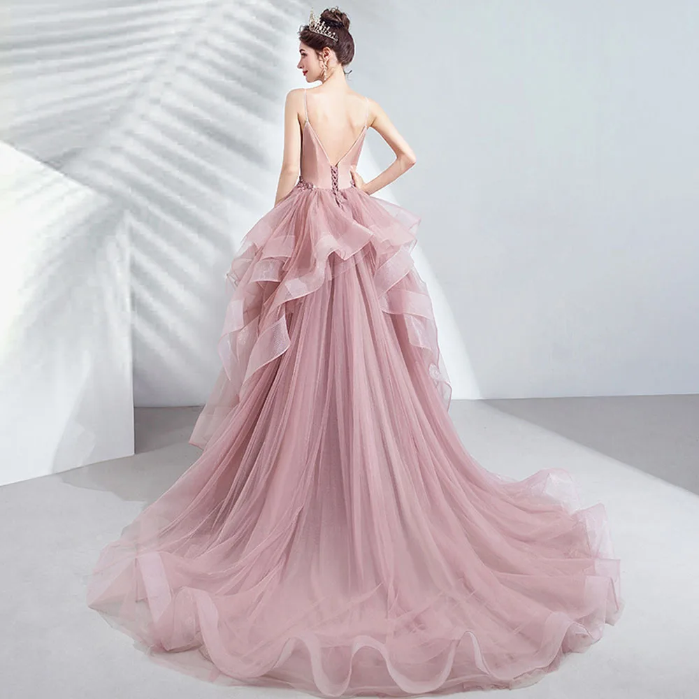 2024 New Pink Long Lady Girl Women Princess Prom Dress Performance Banquet Party Ball Dress Gown Polyester Long Evening Dress