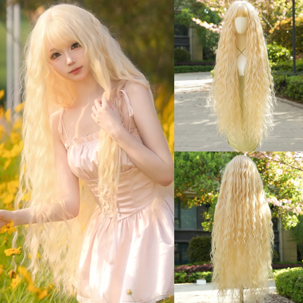 

43inch Ultra-long golden bangs curly cosplay lolita naturally soft women's synthetic wig
