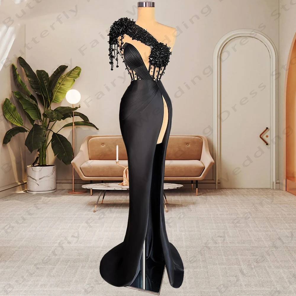 

Gorgeous Satin Beading Evening Dresses For Women Beautiful Backless Sexy Off Shoulder High Slit Simple Mopping Prom Gowns 2024