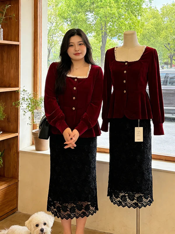 

Red Velvet Two-Piece Set Women's Spring 2026 High Waist Skirt And Shirt Long Sleeve Button up Slim Fit Commute Style Casual Wear