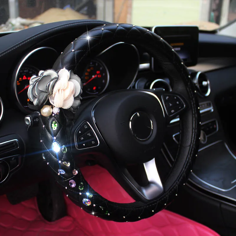 

Luxurious Genuine Leather Universal Car Steering Wheel Cover Rhinestones Handcraft Flower Steering-Covers for Girls ladies