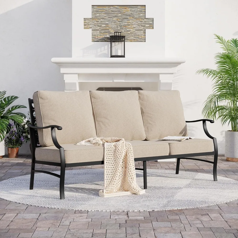 

Металлическая мебель для патио, диван с сверхтолстой водонепроницаемой подушкой 5,75 дюйма, 3-местным глубоким сиденьем и уличным диваном с высокой спинкой для патио