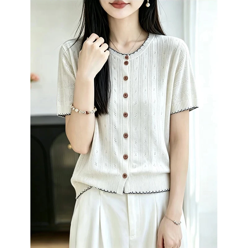 100 Tencel Linen Short Sleeve Women Summer Knitted Cardigan Open Front Thin Breathable Loose Slimming Top Hollow design Versatil