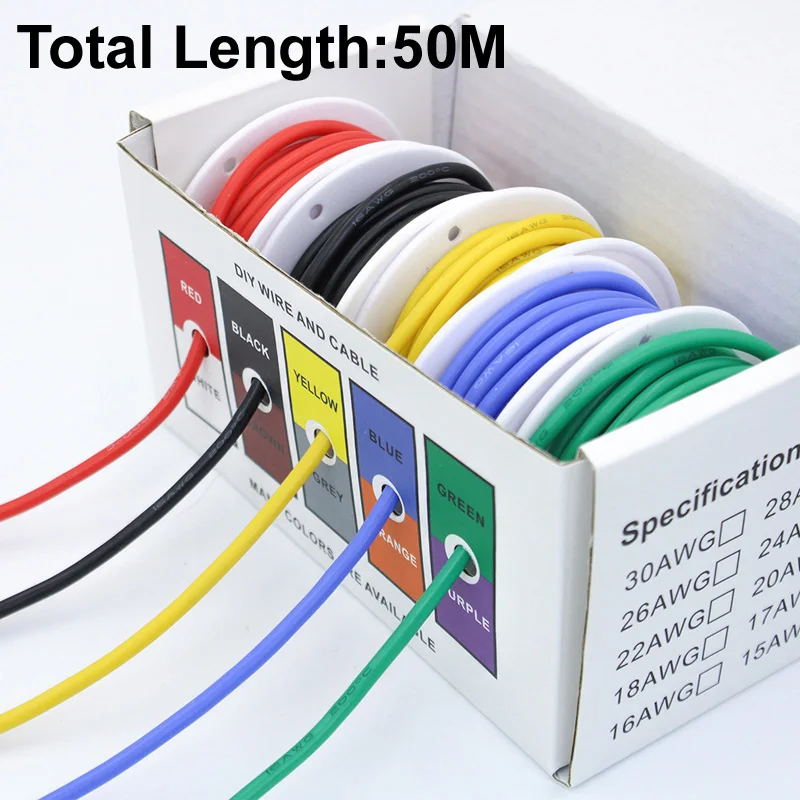 50M 30AWG/28AWG/26AWG/24AWG/22AWG/20AWG Electric Wire Flexible Silicone Gauge Stranded Tinned Copper Cable Wire 5 Colors 33ft/10