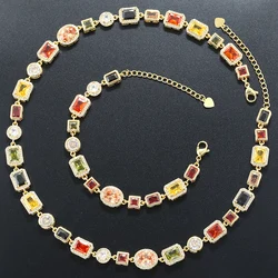 ZHUKOU 18K Golden Plated Spliced Colorful CZ Gemstone Bracelet Necklace With Hip Hop Style Unisex Couple Jewelry:VL561 VL562