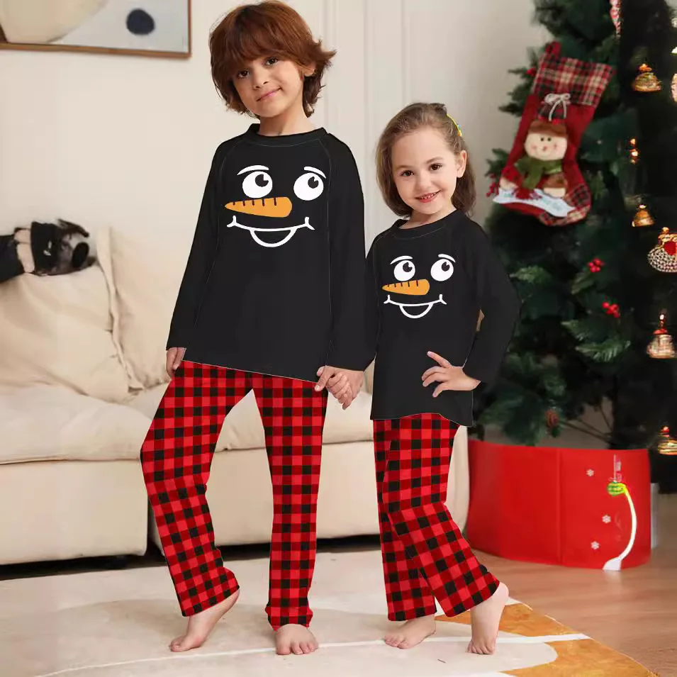 Family Christmas Pajamas, All New Black Top and Cartoon Design Red Plaid Pants, Ideal for Family Bonding During Christmas Eve