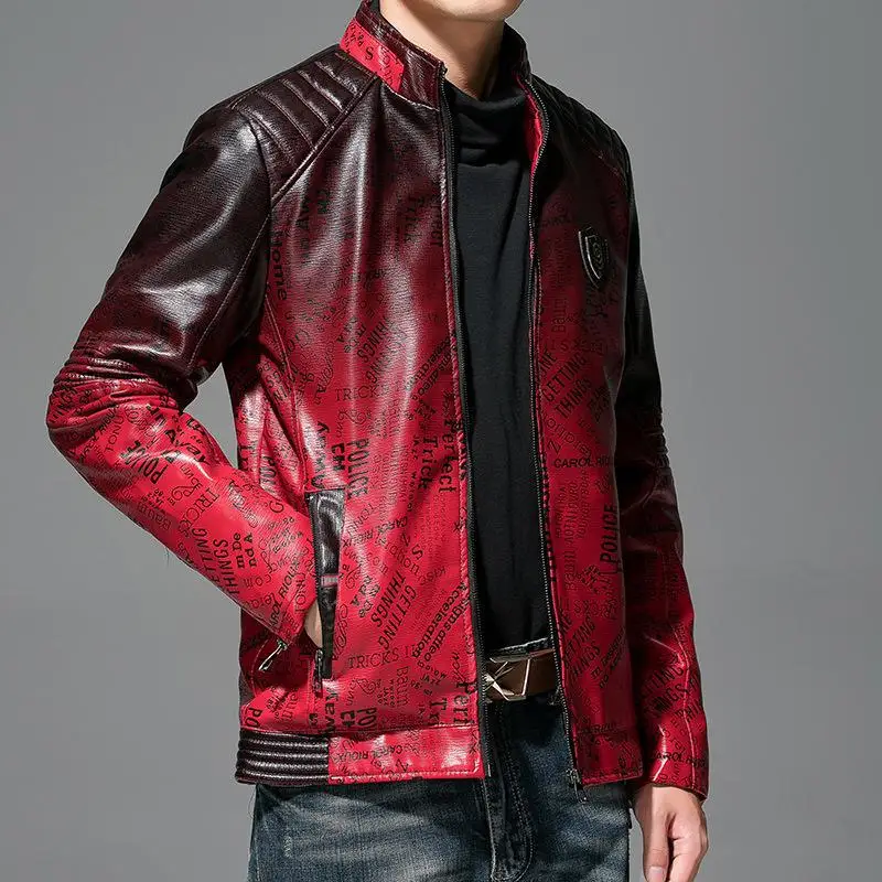 

Nice autumn and winter Pop fashion trend letter gradient vertical collar leather jacket motorcycle zipper PU leather jacket