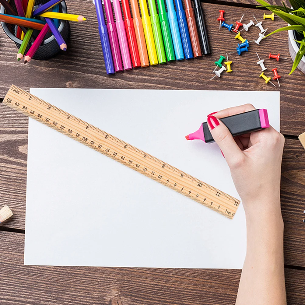 72pcs Wooden Ruler 12 Inch Double Scale Clear Metric Inch Measurement Lightweight Straight Edge School Office Drawing