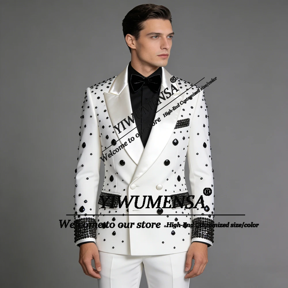 Luxury Diamond Beaded Suits Men 2 Piece Sets Doule Breasted Jacket Pants Slim Fit Groom Formal Wear Wedding Tuxedos Customized
