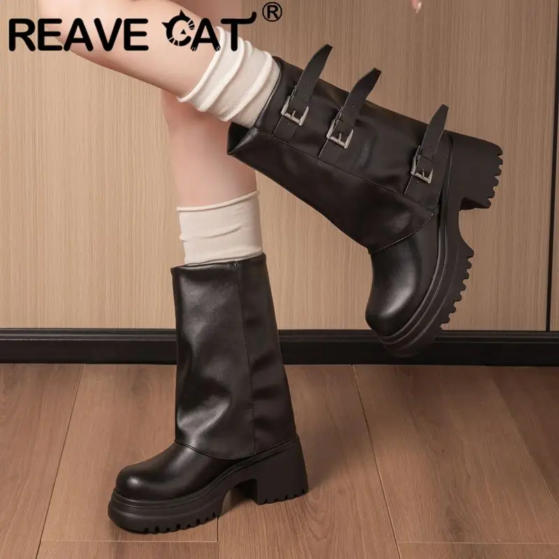 

REAVE CAT Роскошные женские ботинки до середины икры с круглым носком на толстом каблуке 7,5 см, платформа без шнуровки с пряжками на ремне, большие размеры 43 44 45 Retro Bota
