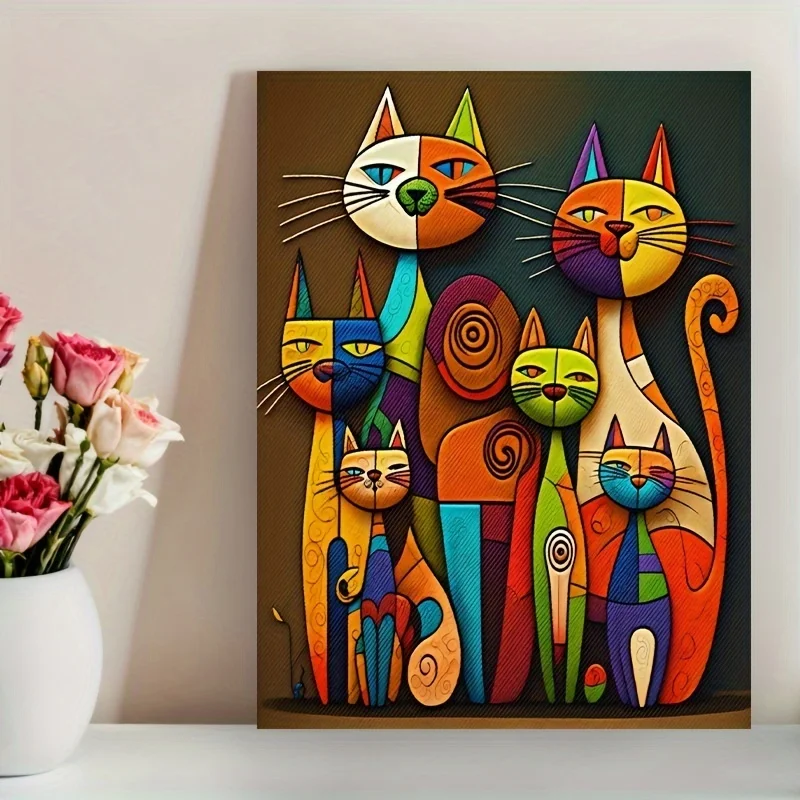 فن قماش تجريدي ملون على شكل قطة، ديكور جداري على شكل حيوانات كرتونية قوس قزح نابضة بالحياة بدون إطار لغرفة المعيشة وغرفة النوم والمكتب والبار #3