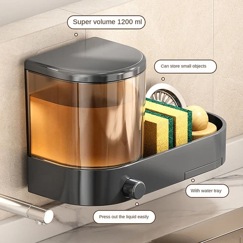 Imagen 2 del producto Dispensador de jabón montado en la pared con soporte para esponja, bandeja de drenaje, prensa manual, contenedor de líquidos para lavar platos, resistente al agua