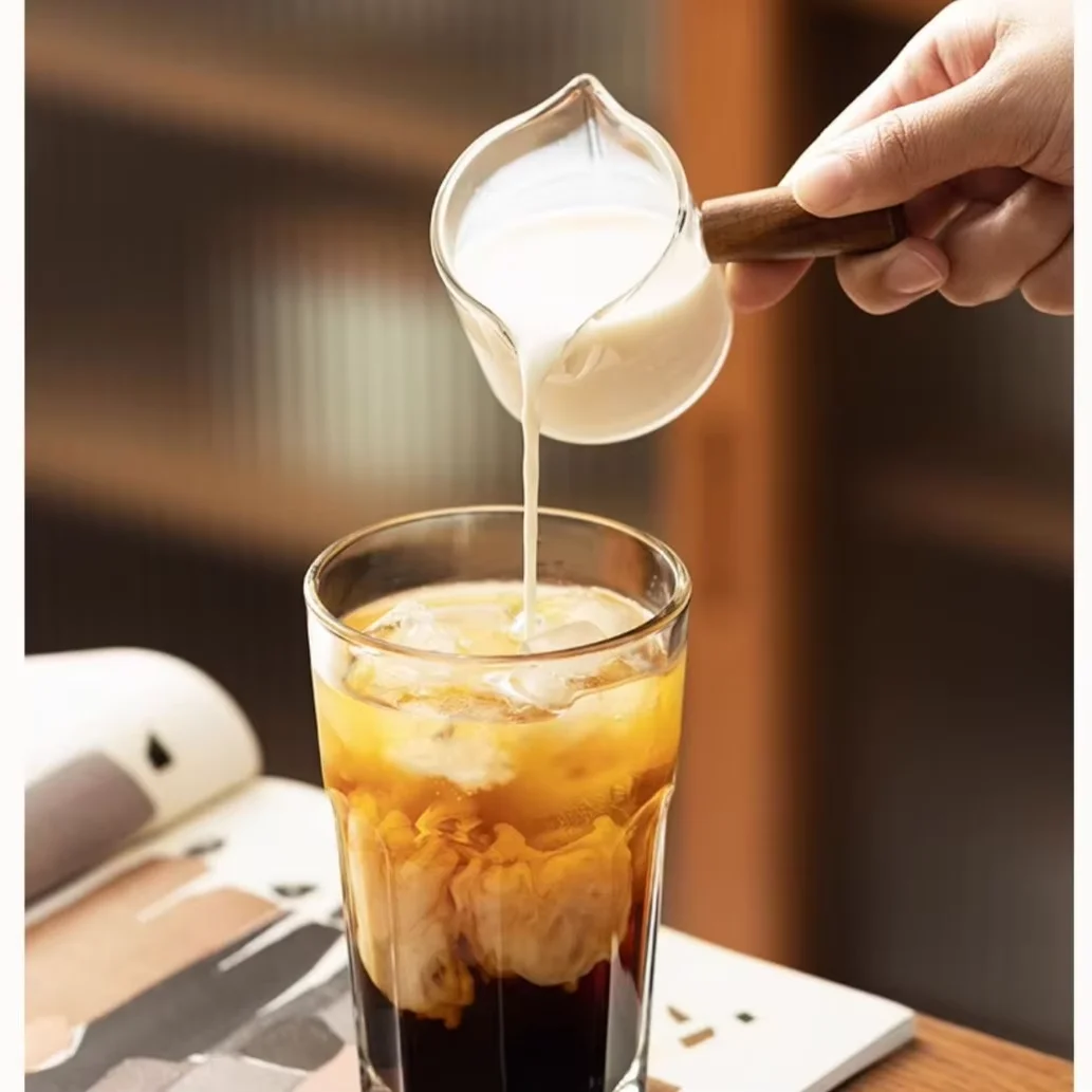 75ml Glass Espresso Measuring Cup Transparent Milk Jug Wood Handle Single Double Mouth Kitchen Measure Coffee Supplies Mug view 2