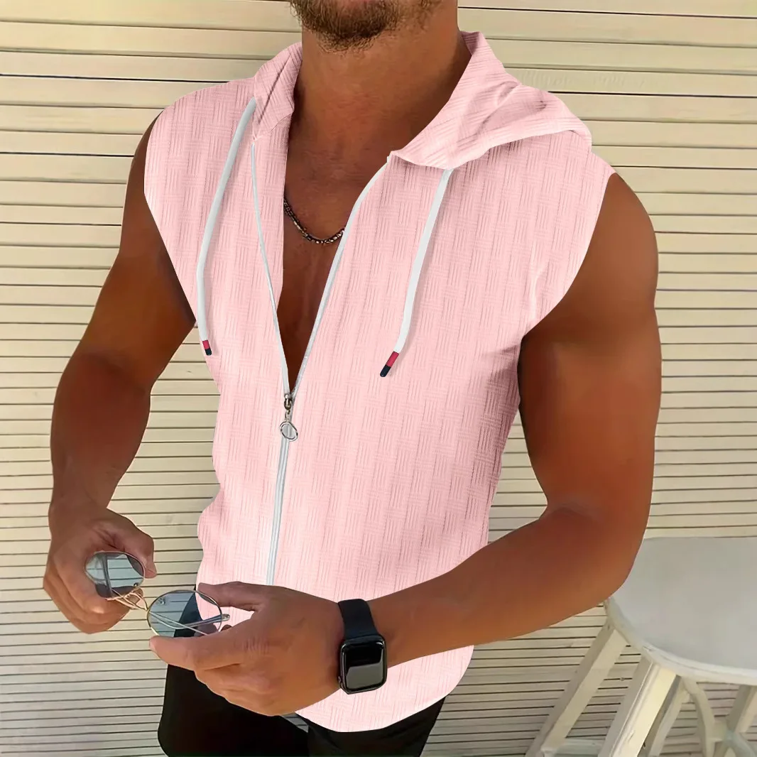 Summer Men's Jacquard Striped Zipper Cardigan Sleeveless Hooded T-Shirt Top