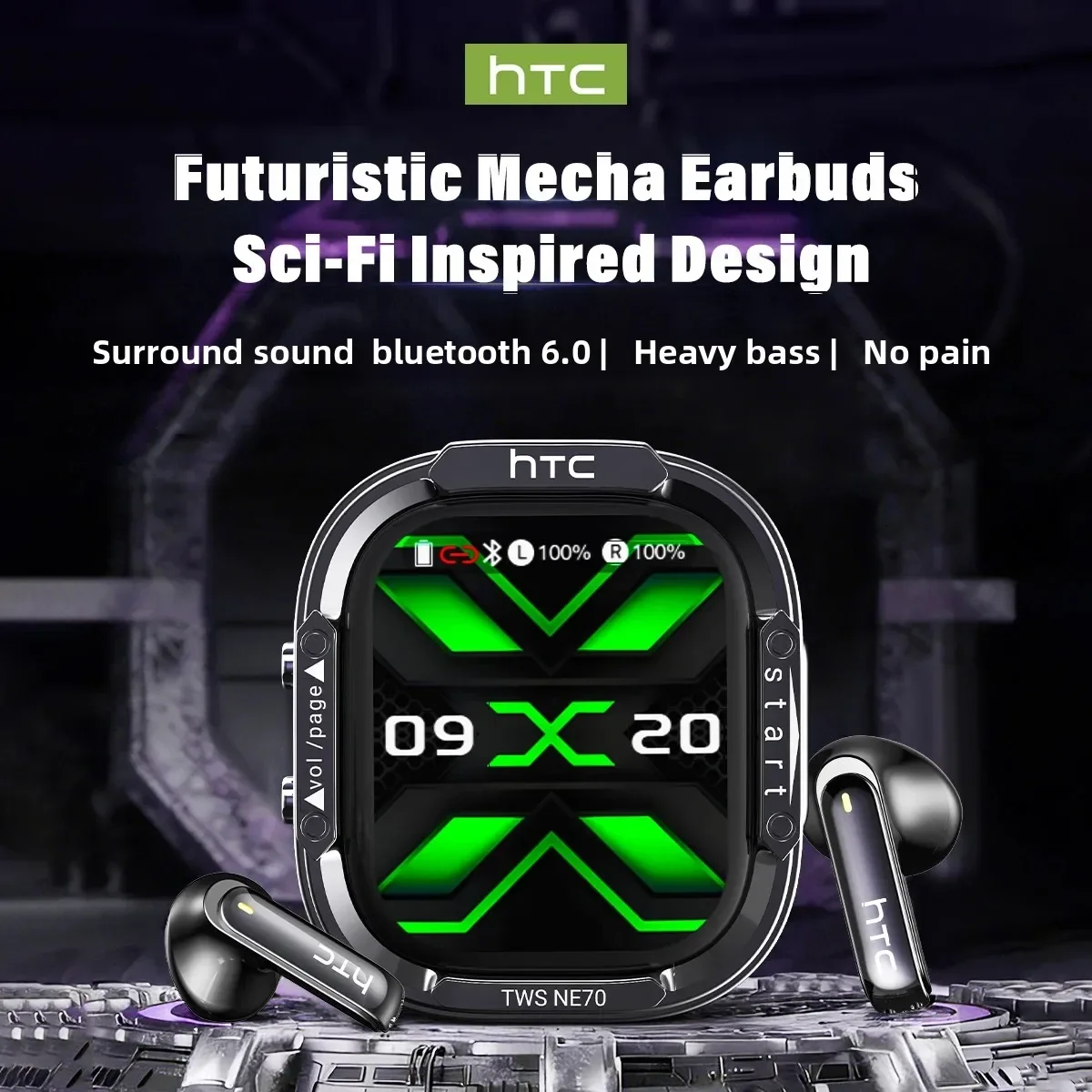 HTC NE70 Bluetooth Earphones Touch Screen TWS In-Ear Wireless Headphones AI Translator Noise Reduction Earbuds Game Heatset