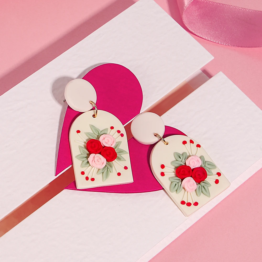 AENSOA Hollow Round Flower Earring For Women Polymer Clay Valentine\'s Day Girls Gift Heart Pattern Ear Accessories Jewelry INS