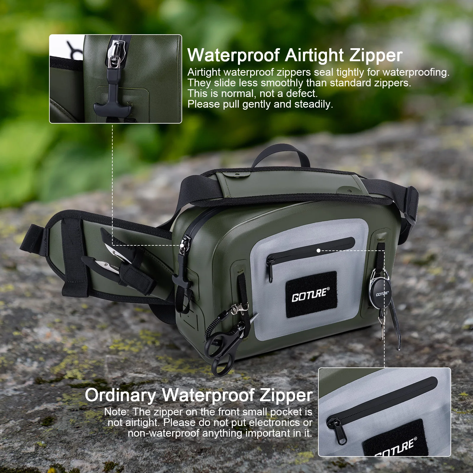 Goture IPX8 100% Wasserdichte Fliegenfischer-Ausrüstungstasche Leichtgewichtige 840D TPU Multifunktionale Hüfttasche Große Kapazitätstasche – Detail 5