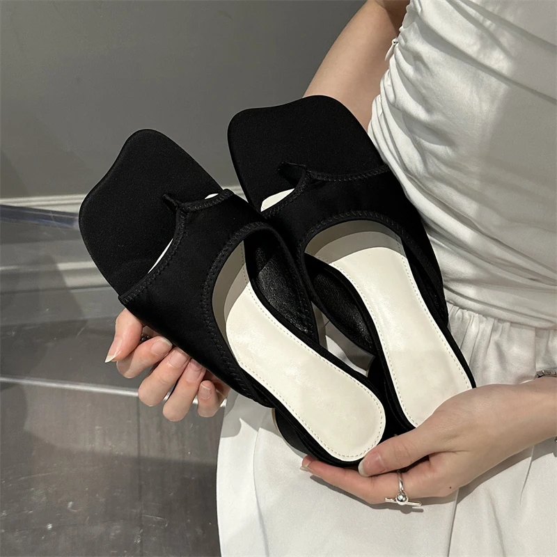 Eilyken Summer Satin Square Clip Toe Female Slippers Fashion Low Heels Casual Party Beach FLIP FLOPS Women Shoes