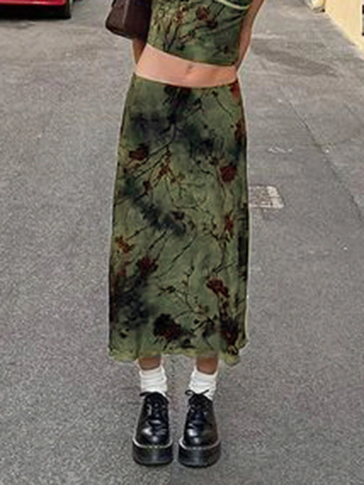 Rockmore Fairycore Grunge Floral Printed Midi Skirt Y2K Aesthetics Clothing Vintage Low Waist Green Woman Skirts Harajuku Outfit