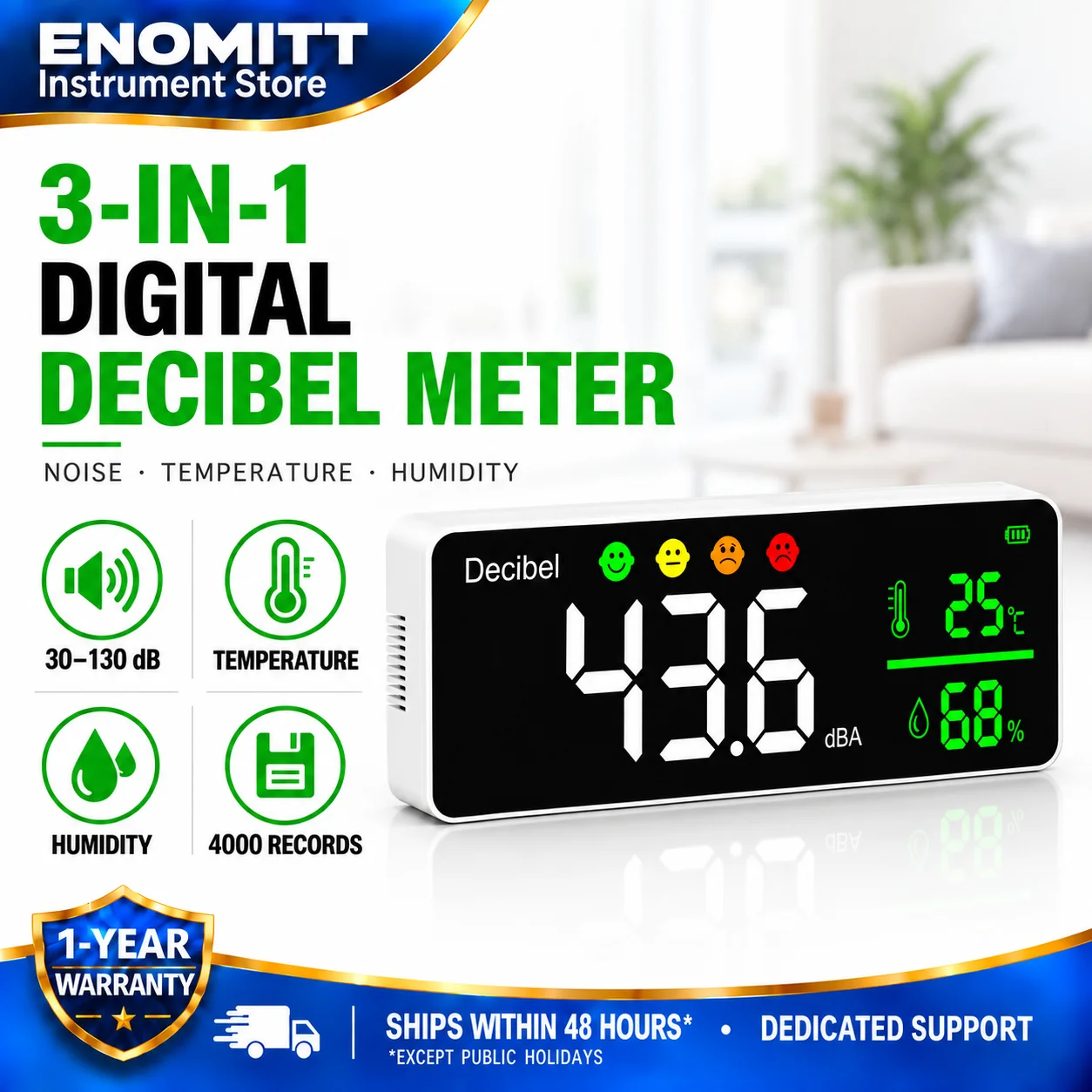 Professional Sound Level Meter with Data Logging, Digital Noise Decibel Meter 30-130 dBA, Temperature Humidity Monitor, Type-C