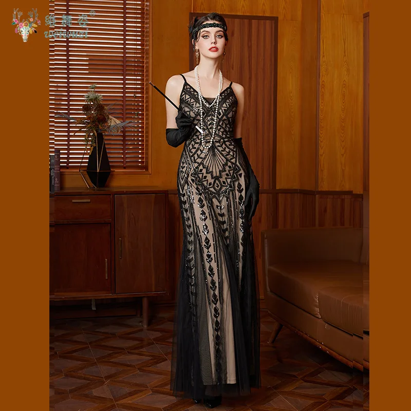 

The Great Gatsby Retro Theme Makeup Ball Glitter Embroidered Evening Dress Elegant Strap Waist A-line Cocktail Evening Dress