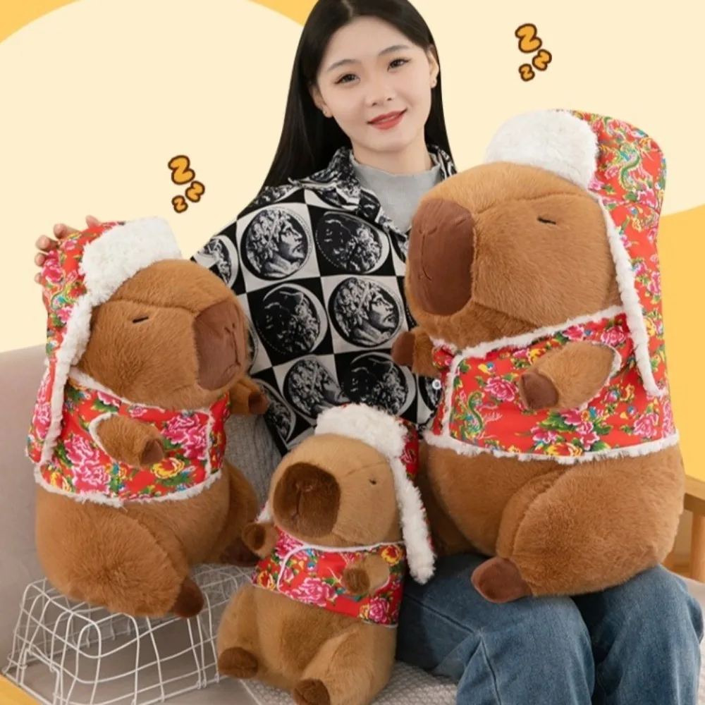 Kawaii Capybara Plush Cute Brown Pink Animals Chinese Flower Coat Home Decor Anime Fluffy Toy Birthday