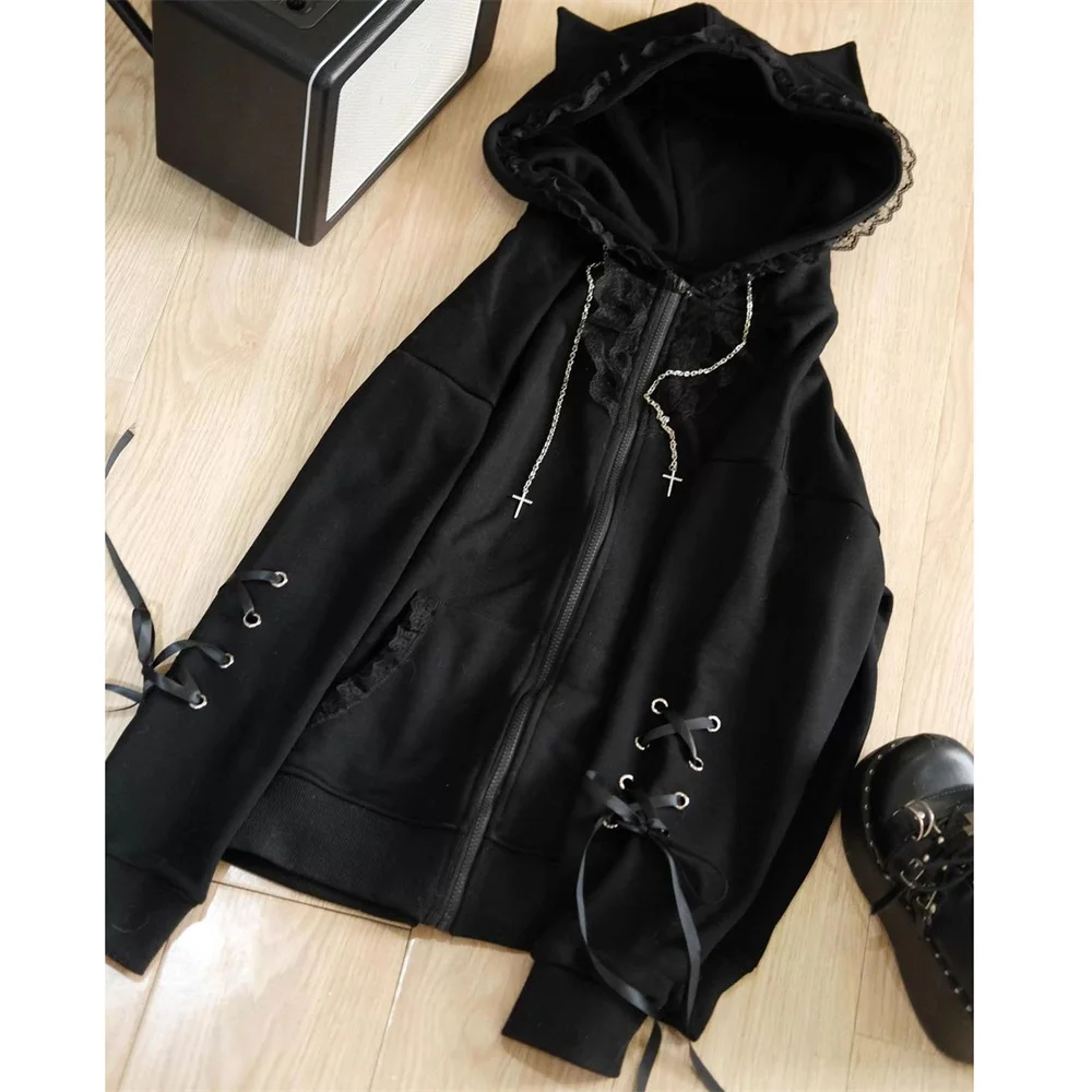 

Autumn Winter Lazy Subculture Lace Black Loose Cutecore Kawaii Jacket with Cat Ear Hat Harajuku Y2K Aesthetics Zipper Sweatshirt