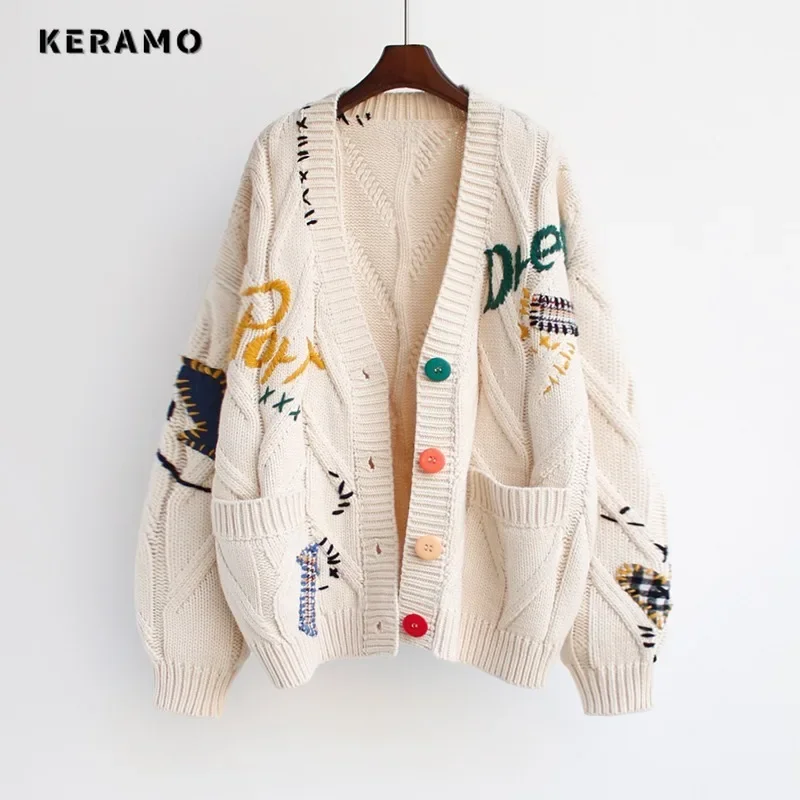 Korean Fashion Women Single Breasted Letter Print Sweater 2024 Autumn Winter Knitting Long Sleeve Casual V-Neck Loose Cardigans